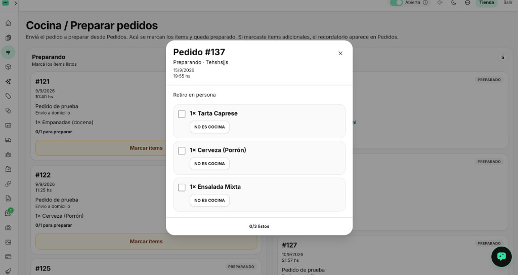 takepedido comanda en cocina: pedido en tablet para marcar ítems listos