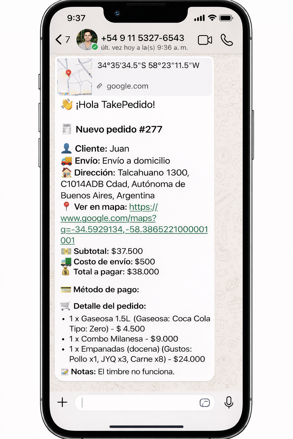 Demo de chat y pedidos de takepedido en un celular