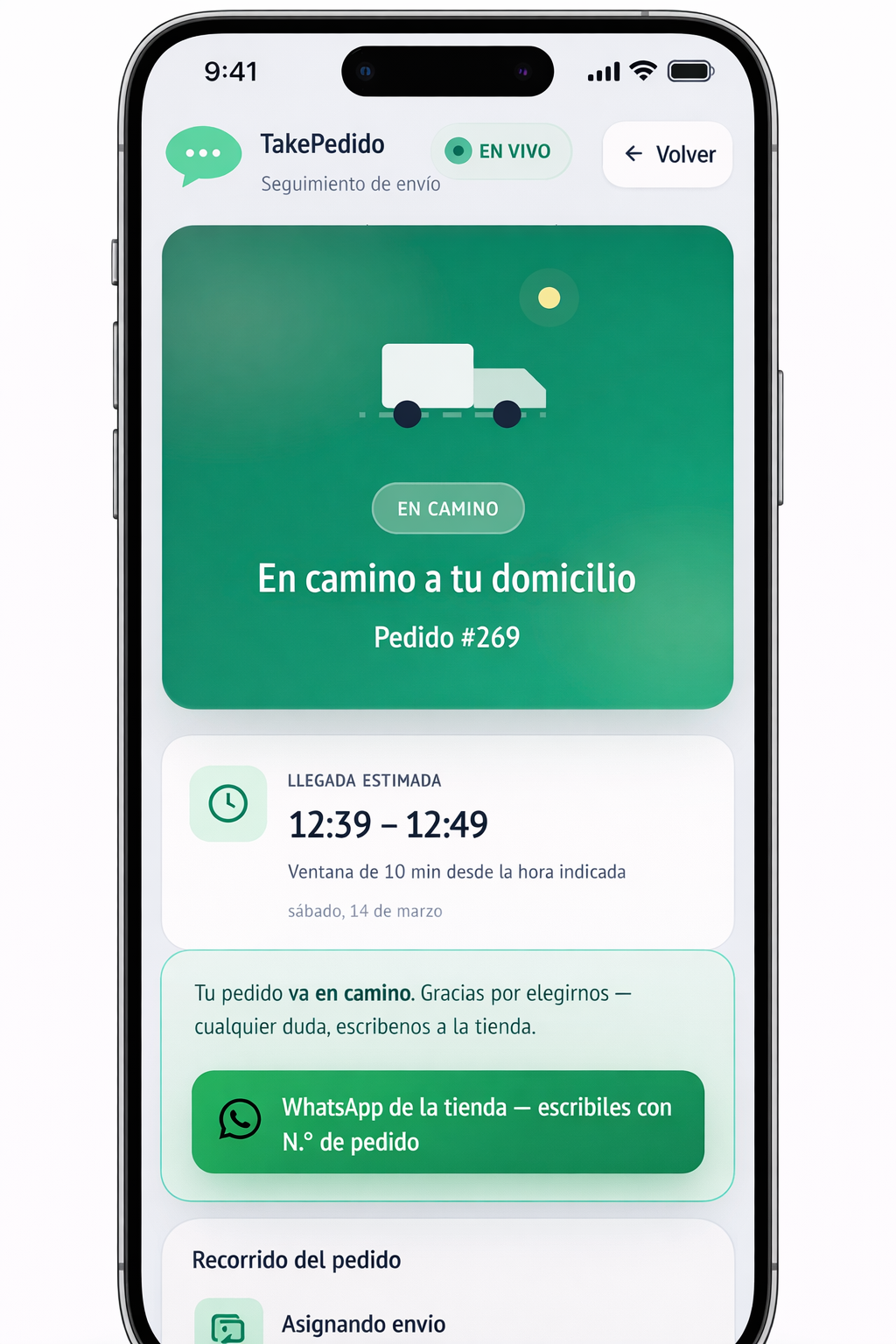 Seguimiento de envíos en takepedido: el cliente ve el estado y el horario de entrega