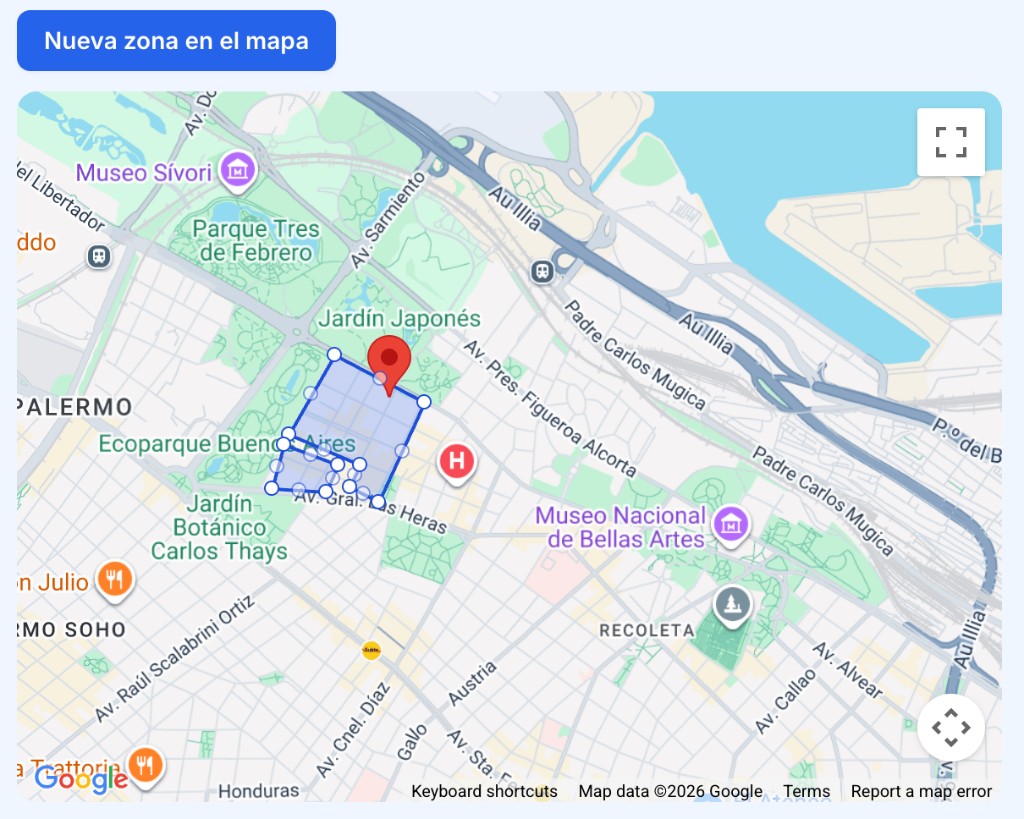Panel takepedido con zona de entrega dibujada en el mapa para definir cobertura de envíos